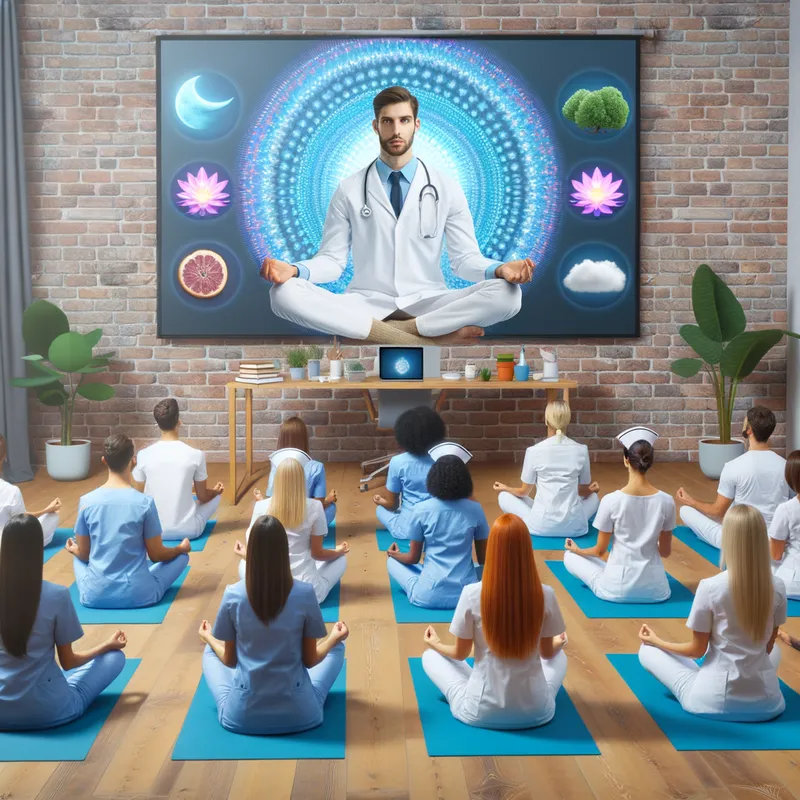 Mindful Nurse Meditation Session - nurse's meditation class with professor on a screen - AI image generated with Art