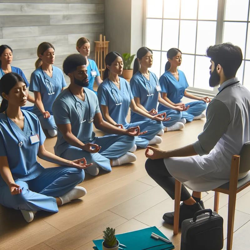 Mindful Nursing Mastery - Nurse's meditation class with professor on a platform for better life at work - AI image generated with Art