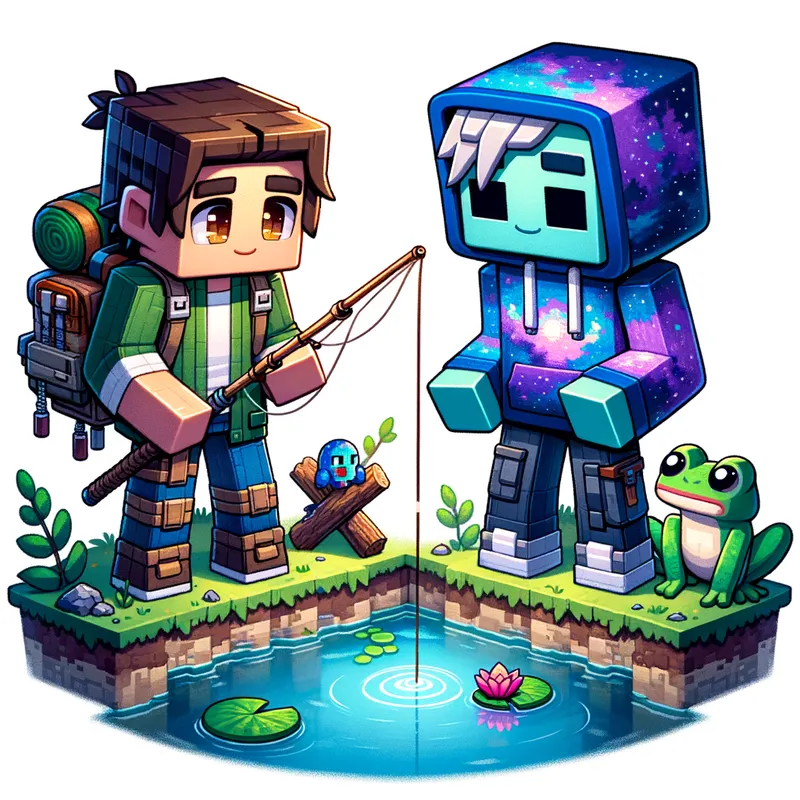 Minecraft Anglers by Pond - create 2 minecraft players. One has brown hair big cute eyes along with a backpack of camping gear and is fishing for fish at the edge of a pond. The second minecraft character has light blue skin and has a purple and blue galaxy themed hoodie on with blue pants. he is also fishing. the pond has trees around it and there is a frog sitting on a nearby lily pad. - AI image generated with Art