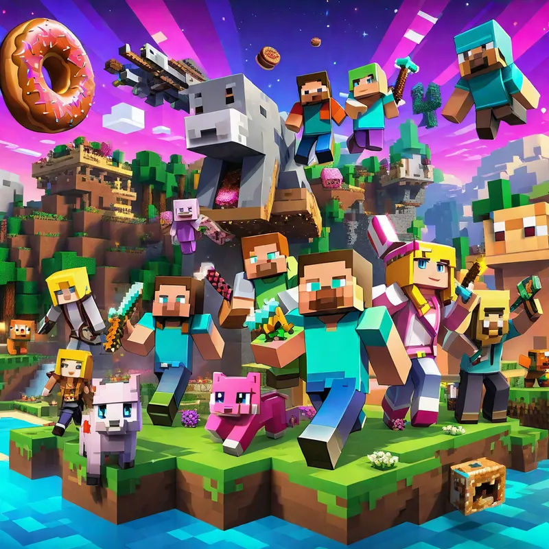 Minecraft Donut SMP Stream - Vibrant, action-packed thumbnail for a live Minecraft stream with the phrase 'Donut SMP LIVE RATING BASES'. Illustrated with a backdrop of detailed bases and lively characters rating them. - AI image generated with Photorealistic