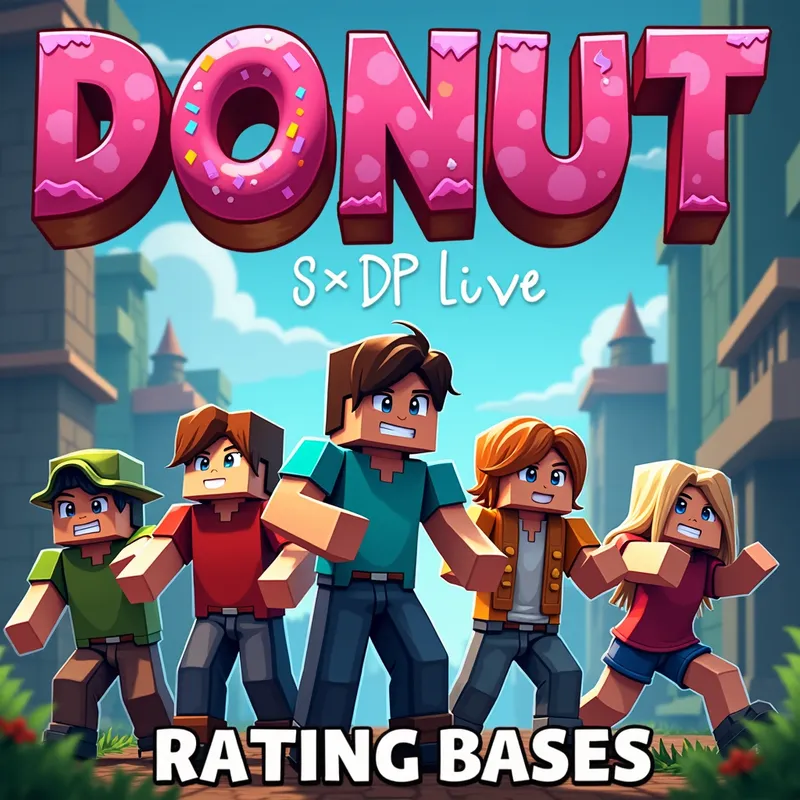 Minecraft Donut SMP Stream - Vibrant, action-packed thumbnail for a live Minecraft stream with the phrase 'Donut SMP LIVE RATING BASES'. Illustrated with a backdrop of detailed bases and lively characters rating them. - AI image generated with Photorealistic 2