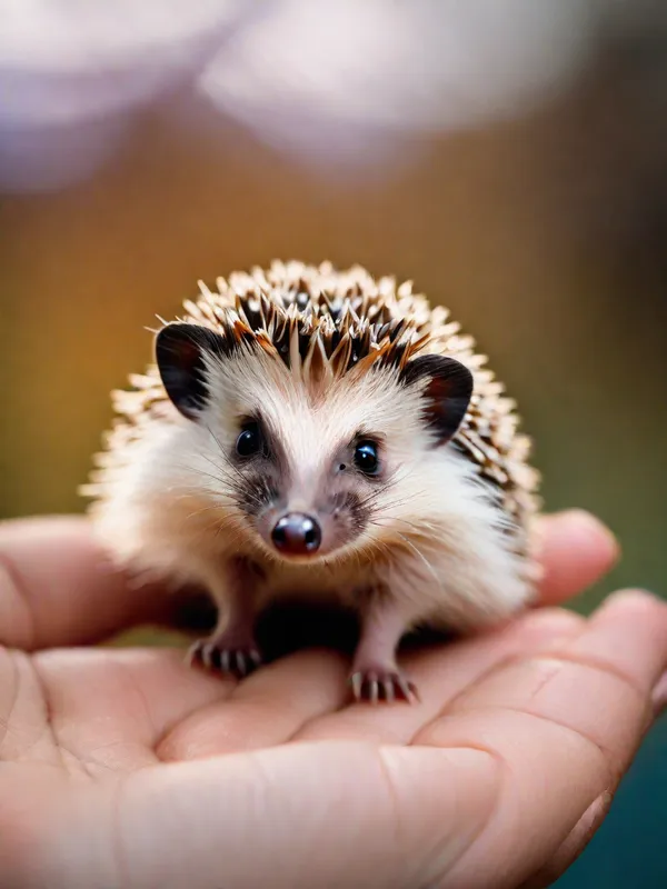 Miniature Hedgehog Close-Up - Tiny Hedgehog:Capture a close-up shot with a shallow depth of field, showcasing a tiny, finger-sized hedgehog resting gently on human fingers. Emphasize fine textures of its delicate spines, with soft shadows enhancing the miniature creature's details. Background blur adds depth, drawing attention to the animal's curious face and tiny features. - AI image generated with Fictional - vivid colors, photorealistic, close-up