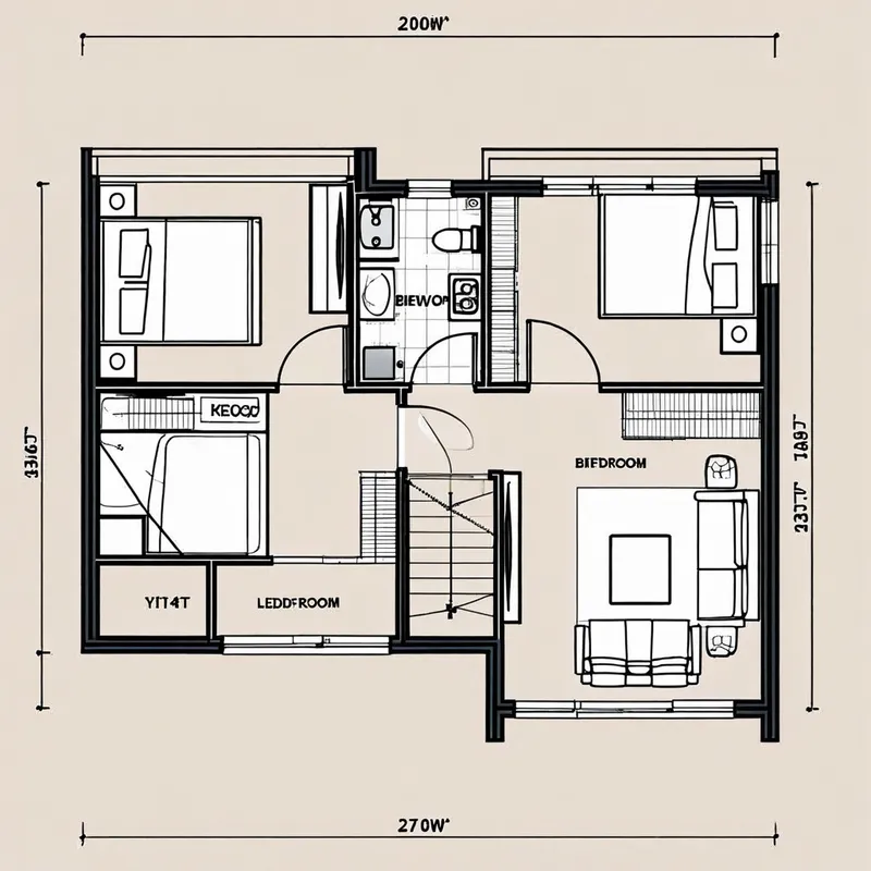 Minimal 2-Bed Blueprint with Study - A minimalistic home blueprint showcasing a layout within 50 yards. It includes two bedrooms with attached bathrooms, a simple kitchen, and a compact study room. - AI image generated with Nova Canvas