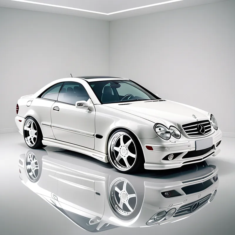 Minimal Studio VIP CLK320 - A pristine all-white Mercedes-Benz CLK320 coupe in a minimalist studio setup, lowered suspension, oversized VIP rims with mirror finish, soft diffused lighting, clean reflections, luxury tuner style, highly detailed, centered composition, editorial automotive image - AI image generated with Fictional