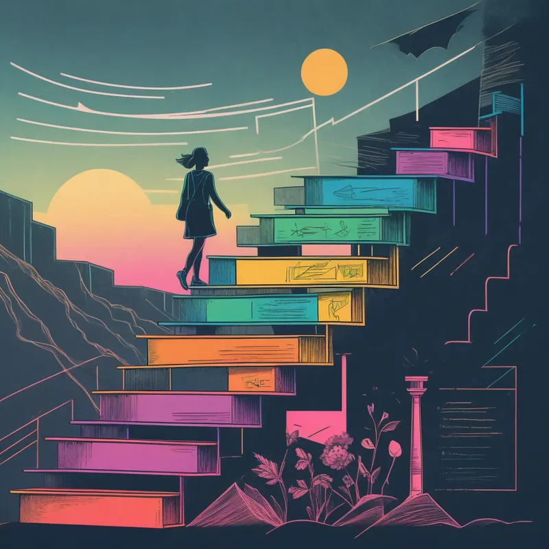 Minimalist Cyberpunk Academic Ascent - A colorful landscape-oriented image of a staircase made of diplomas and chalkboards ascending toward a bright horizon, with a woman silhouette climbing steadily, representing progress in academia and teaching careers. - AI image generated with Photorealistic - minimalist line art, cyberpunk