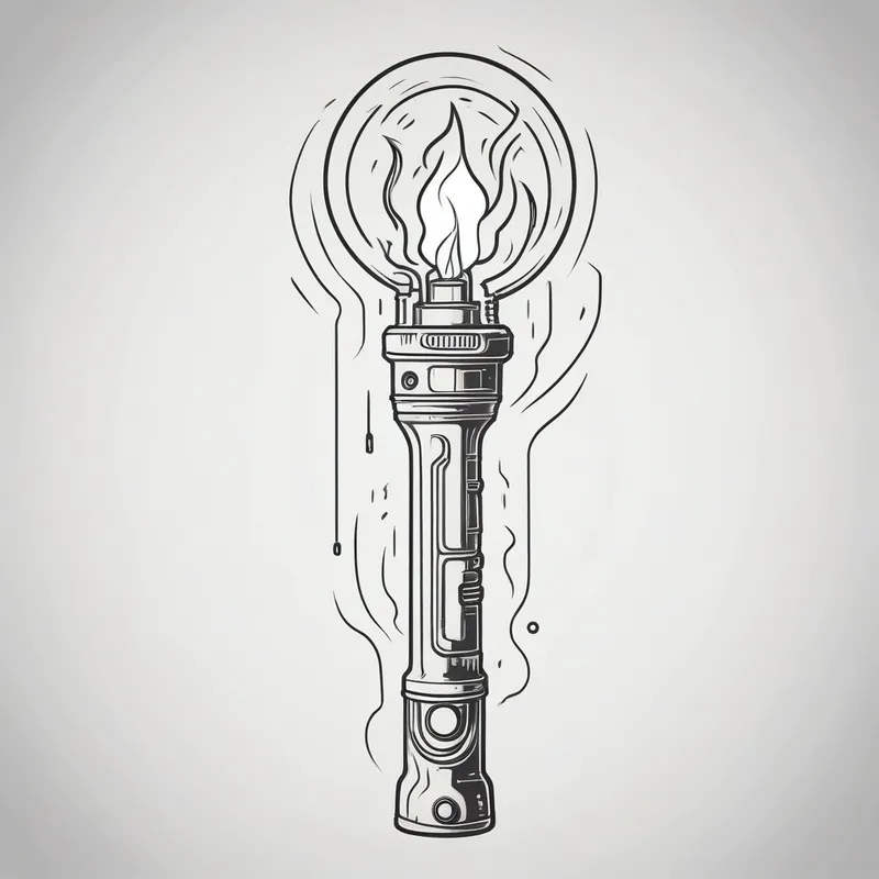 Minimalist Cyberpunk Line Art Torch - image of an old lit torch that is not electric or requires batteries - AI image generated with Photorealistic - cyberpunk, minimalist line art