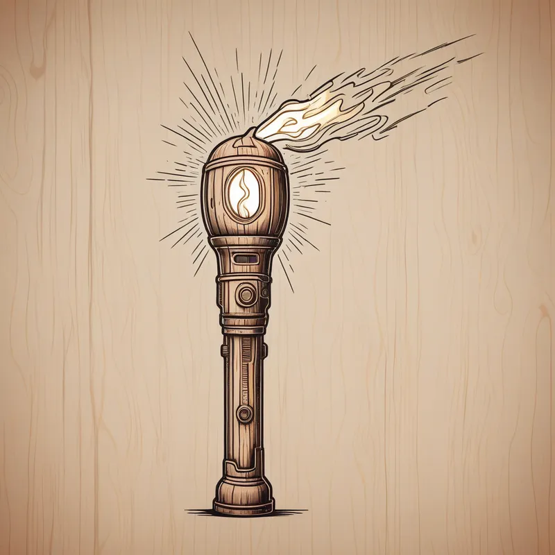 Minimalist Cyberpunk Torch Line Art - image of an old lit torch made of wood - AI image generated with Photorealistic - cyberpunk, minimalist line art