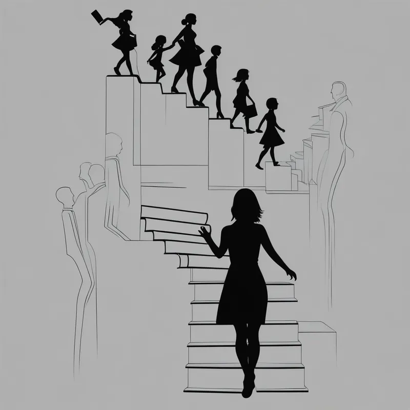 Minimalist Cyberpunk Woman Leading Up - a positive image of a silhouette of a woman leading people up a staircase made by books - AI image generated with Photorealistic - cyberpunk, minimalist line art