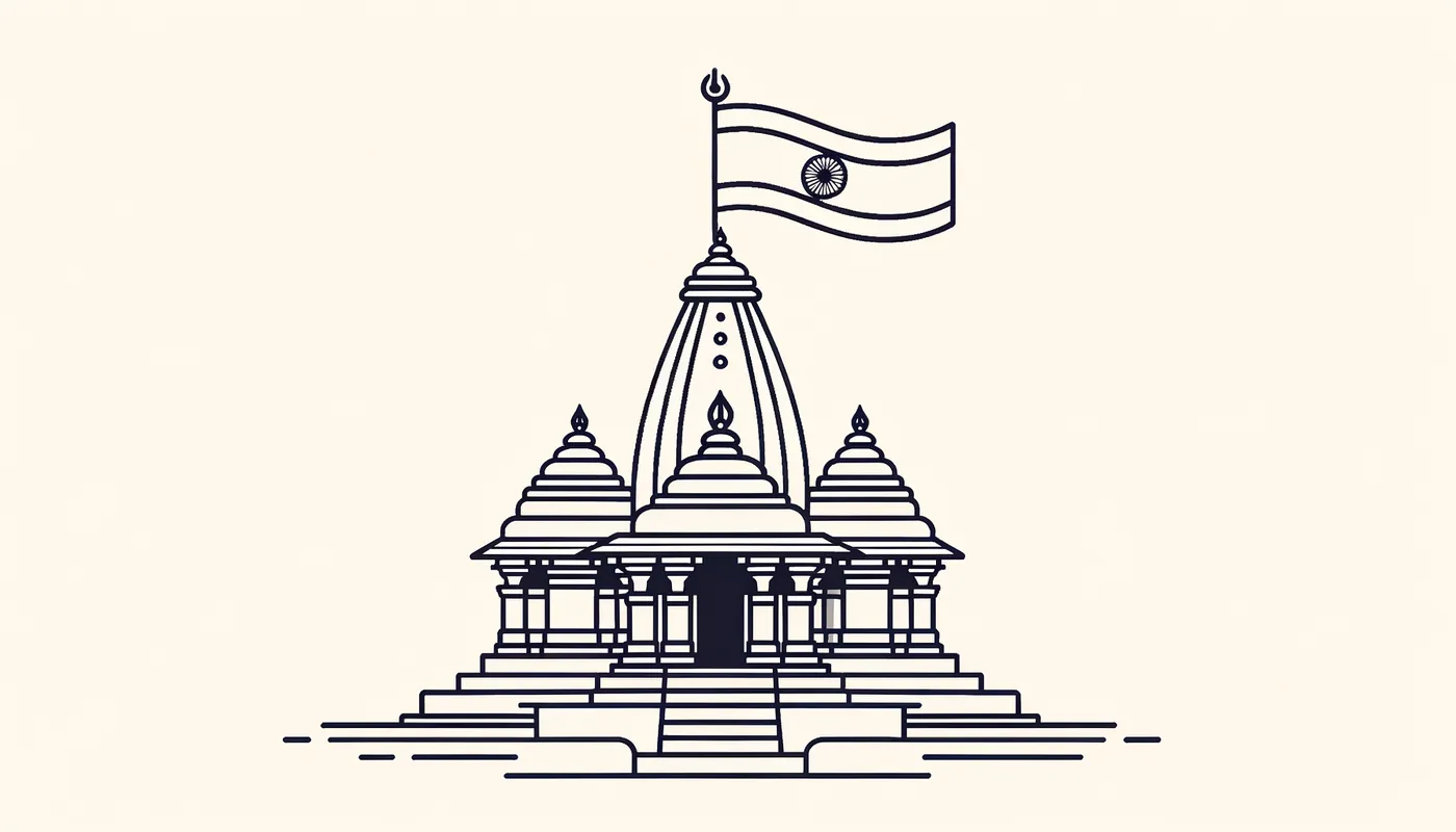 Minimalist Hindu Temple - Hindu temple minimalist with keshri flag on top - AI image generated with Art - contour drawings
