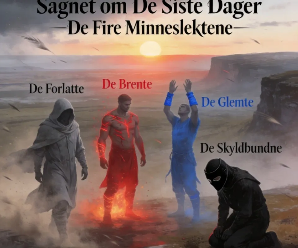Minnestorm ved Verdensrand - Sagnet om De Siste Dager
I de siste dagene, da solen hang lavere enn noen gang og vinden bar med seg støv av glemte århundrer, begynte menneskene å dele seg. Ikke etter land, ikke etter språk, men etter minnene som hadde formet dem. For når verden nærmet seg sin slutt, våknet alt det som hadde vært skjult i hjertene.
De Fire Minneslektene
1. De Forlatte
Dette var de som hadde levd et liv i skygger – de som aldri ble sett, aldri ble hørt. De bar kapper av grått støv og gikk stille, men med en styrke som kom fra år med utholdenhet. De kjempet ikke for hevn, men for å bevise at de alltid hadde vært mer enn verden trodde.
2. De Brente
De som hadde blitt sviktet, løyet for, brukt og kastet. De bar røde merker på huden, som glødende arr av fortiden. De var rasende, men også fulle av en brennende vilje til å skape en ny orden – en der ingen skulle lide slik de hadde gjort.
3. De Glemte
Dette var de som hadde blitt oversett av historien. De som hadde bygget, båret, skapt – men aldri fått ære. De bar blå bånd rundt armene, som symbol på alt som hadde gått tapt. De kjempet ikke for seg selv, men for alle som aldri fikk en stemme.
4. De Skyldbundne
De som hadde gjort feil. De som hadde skadet andre, bevisst eller ubevisst. De bar svarte masker for å skjule ansiktene sine, ikke av skam, men av respekt for dem de hadde såret. De ønsket ikke kamp, men forsoning – selv om verden rundt dem raste.

Kampen som ikke handlet om våpen
Når de fire slektene møttes på den store sletten ved Verdensrand, var det ikke sverd som ble løftet. Det var minner. Ord. Historier. Alt det som hadde blitt holdt inne i generasjoner.
De Forlatte ropte:

De Brente svarte:

De Glemte løftet hendene mot himmelen:

Og De Skyldbundne knelte:

Det var ingen blodig krig. Det var en storm av følelser, en kamp mellom fortidens skygger og fremtidens håp. Jorden skalv ikke av vold, men av sannhet.

Den Store Forvandlingen
Da ropene stilnet, og alle sto utmattet i stillheten, skjedde noe ingen hadde ventet. Himmelens - AI video generated with Lite