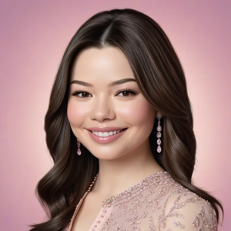 Miranda Cosgrove Portrait - A detailed, lifelike portrait of Miranda Cosgrove, showcasing her elegant features and friendly smile. The background is a soft blend of pastel colors. - AI image generated with Photorealistic