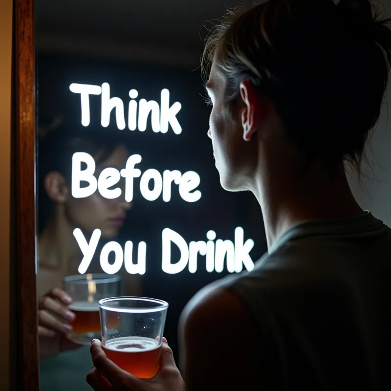 Mirror Reflection Warning - A person gazing into a mirror, holding a drink. On the mirror's surface, glowing white on-screen text states: 'Think Before You Drink.' The atmosphere is dramatic with focused lighting. - AI image generated with Photorealistic 2