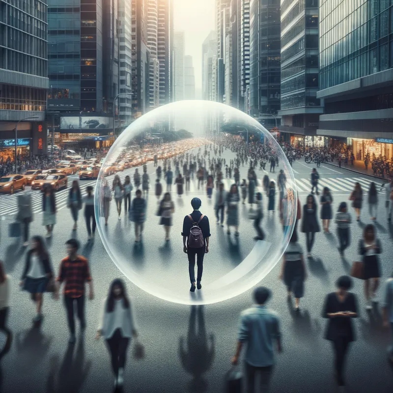 Misanthrope - A person walking through a crowded city street with a transparent barrier around them, illustrating a sense of separation and detachment from the people around them. - AI image generated with Art