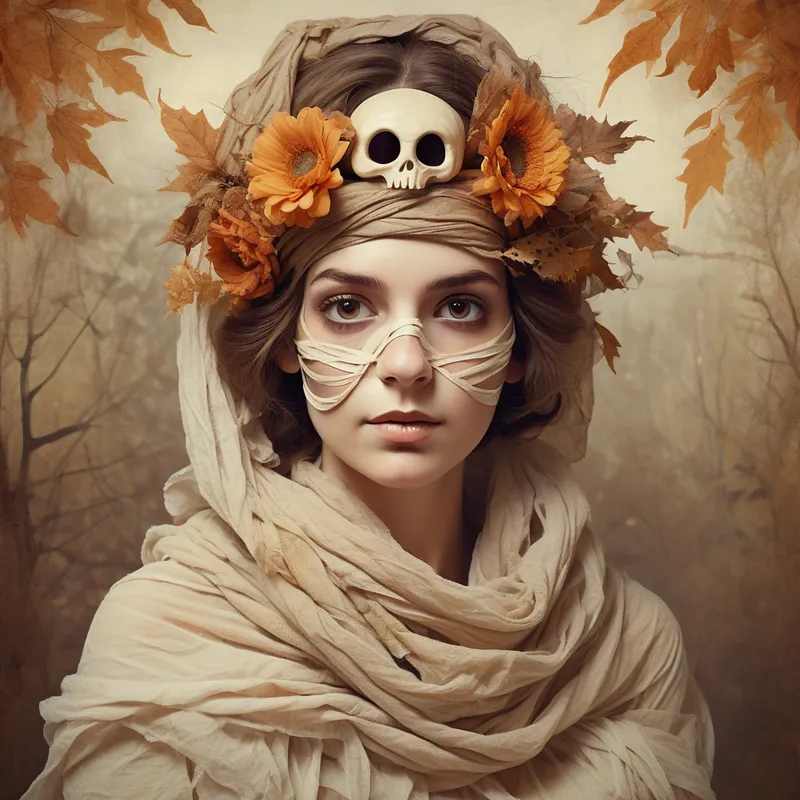Mischievous Autumn Mummy - A whimsical, painterly-style Halloween illustration of a young woman with brown hair, soft makeup, and huge light hazel-brown eyes, dressed as a coquettish mummy. She is wrapped head to toe in tattered natural-toned gauze strips arranged in intricate tangles, with rich autumn floral adornments on her head and at both sides of her waist. She crouches on earthy ground in profile, glancing mischievously toward the viewer, surrounded by warm fall tones and a magical seasonal atmosphere. - AI image generated with Photorealistic - vivid colors