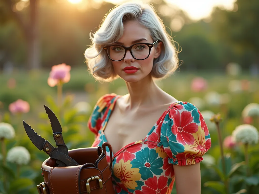 Mischievous Glint - An image of a late 50s woman with a sleek silver bob haircut styled in loose waves. She wears oversized round glasses slipping down her nose. Her sharp green eyes glint mischievously behind the lenses, and her coral lipstick is slightly smudged. She's dressed in a vibrant knee-length floral dress in peony patterns (crimson, teal, yellow) with puffed sleeves and a belted waist. Gardening gloves and pruning shears are inside a vintage leather handbag with brass buckles. The setting is a sunlit community garden with hydrangea bushes, and dirt is visible under her fingernails with faint sweat beads on her forehead. Soft golden-hour lighting casts warm highlights on her silver hair. Her fabric wrinkles and tool surfaces are depicted with hyper-realistic textures. Her slightly raised eyebrow and sly half-smile suggest a mid-sarcastic remark. - AI image generated with Photorealistic 2