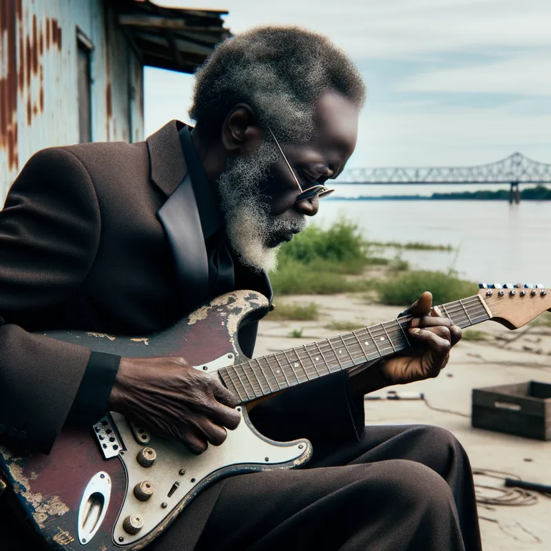 Mississippi River Blues - A black blues musician, reminiscent of BB King, lonely yet immersed in his music, strumming an electric guitar in a dilapidated spot along the Mississippi River. - AI image generated with Art