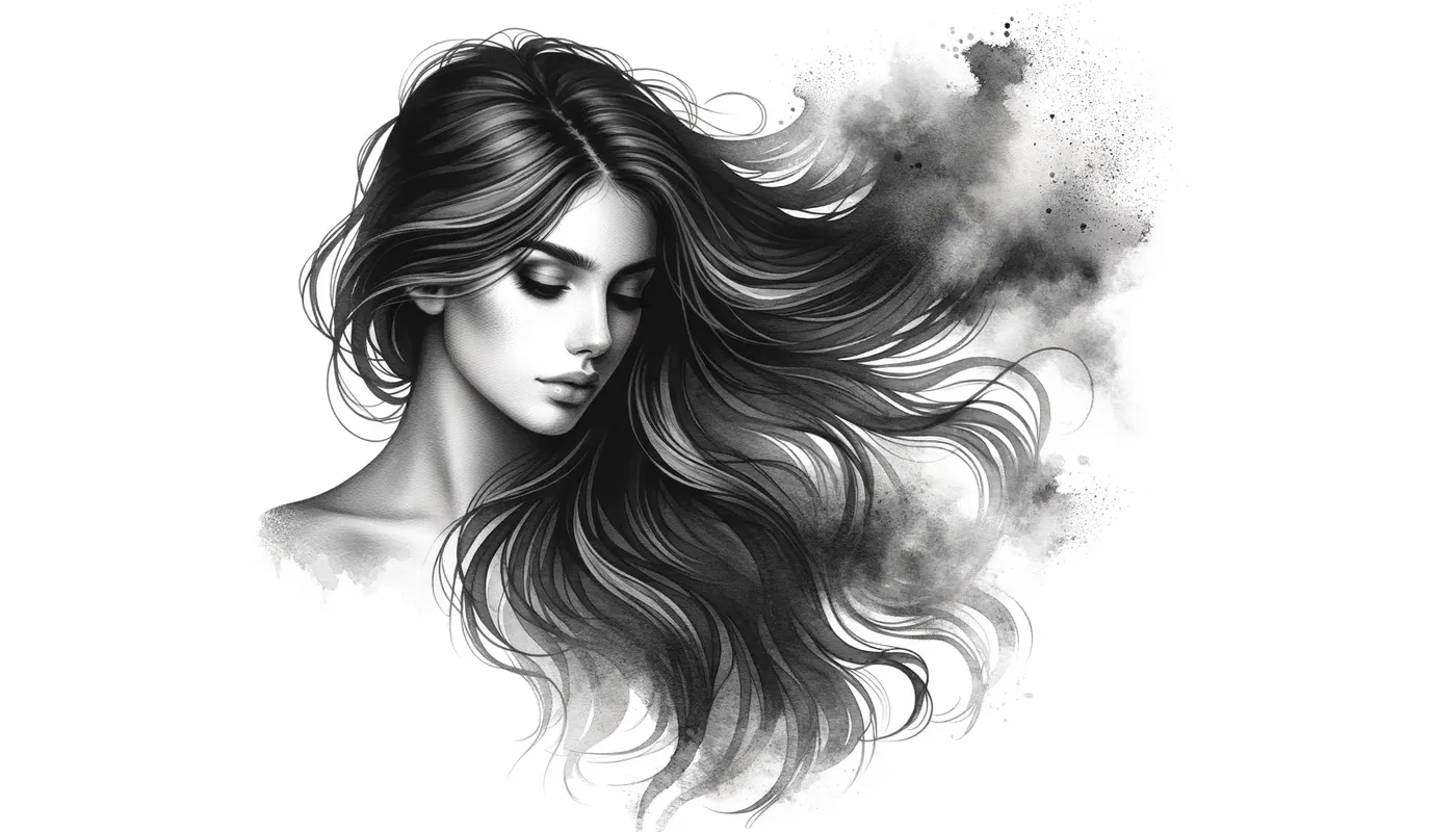 Misty Silhouette - A gentle watercolour painting in black and white, portraying a young woman whose long hair diffuses into a misty smoke, symbolizing her elusive presence. - AI image generated with Art
