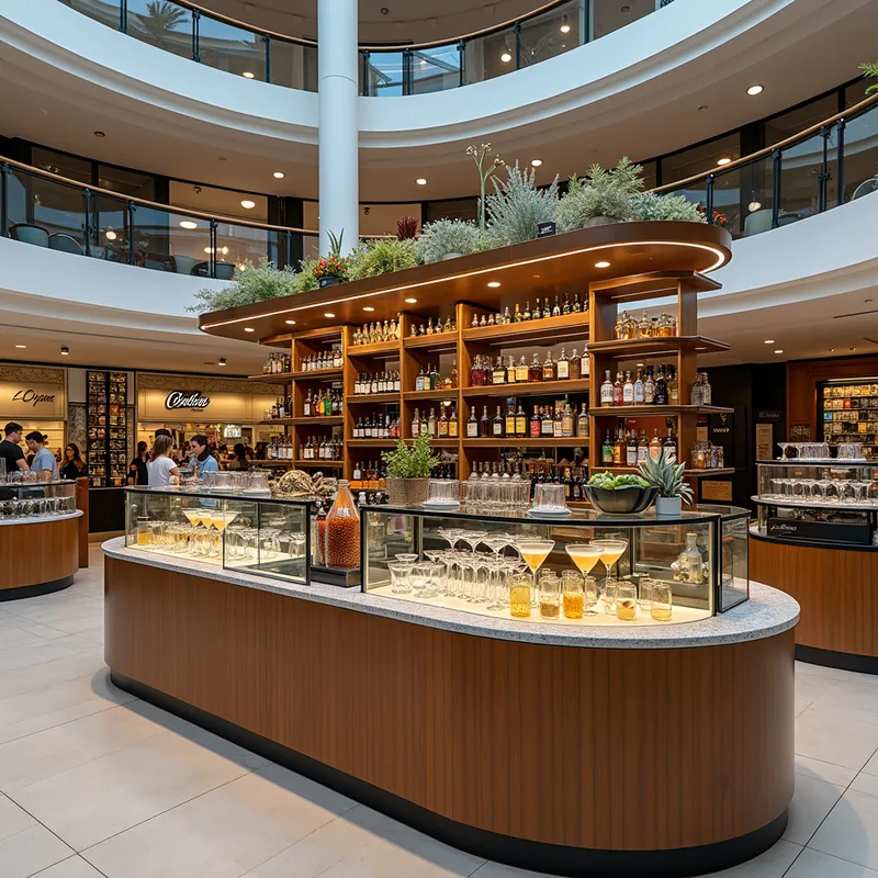 Mixology Island Sale - island in a shopping mall showcasing the sale of work equipment for mixologists and bartenders, glassware, and the sale of non-alcoholic cocktails and mocktails. - AI image generated with Photorealistic 2