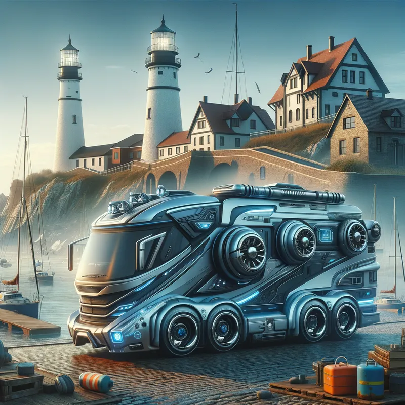 Mobile Nautica - A futuristic motorhome with nautical designs and features, set against a backdrop of a coastal town with lighthouses and docks. - AI image generated with Art - fantasy art