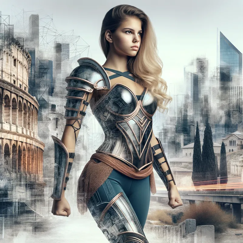 Modern Athena's Daughter - A young female warrior in contemporary clothing with elements of ancient Greek armor, set against a backdrop of both modern cityscape and ancient ruins. - AI image generated with Art
