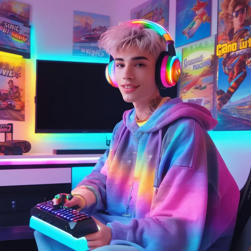 Modern Confident Gamer - Showcase Jacob Mickaël, a cute non-binary Xbox One gamer with short, tousled hair in playful LGBTQIA+ Rainbow tones. Sitting in front of a flat screen TV, Jacob is wearing a stylish outfit featuring rainbow colors and patterns. The gaming setup has a cozy atmosphere with rainbow LED lights and posters of Grand Theft Auto VI, ​​Sonic Racing: CrossWorlds, and Skate 4. Jacob's joyful expression and matching rainbow headset capture the essence of a modern, confident gamer.