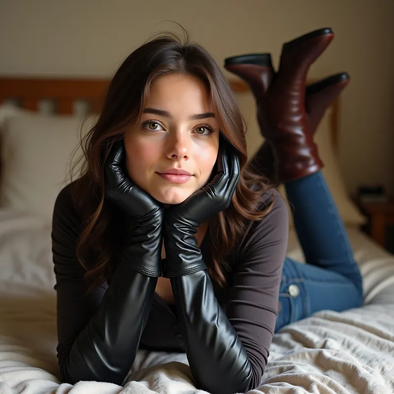 Modern Cowgirl Relaxing - A beautiful girl in a fitted t-shirt and skinny jeans, wearing glossy, rigid brown riding boots and sleek black leather gloves, reclines on her front. Her boots point gracefully behind her in a wide V, while she supports her head between her gloved hands. - AI image generated with Photorealistic 2