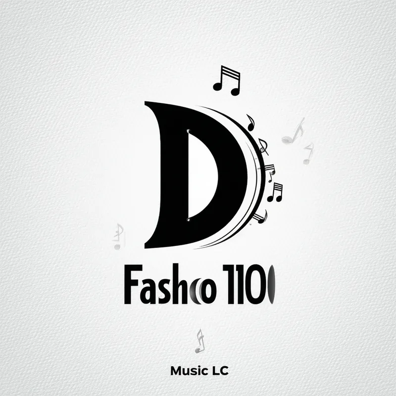 Modern D Fashoo100 Music Logo - A black and white logo for a music LLC named "D Fashoo100". The letter "D" is prominent and serves as the background. The design is modern and sleek, incorporating subtle musical elements like notes or instruments.