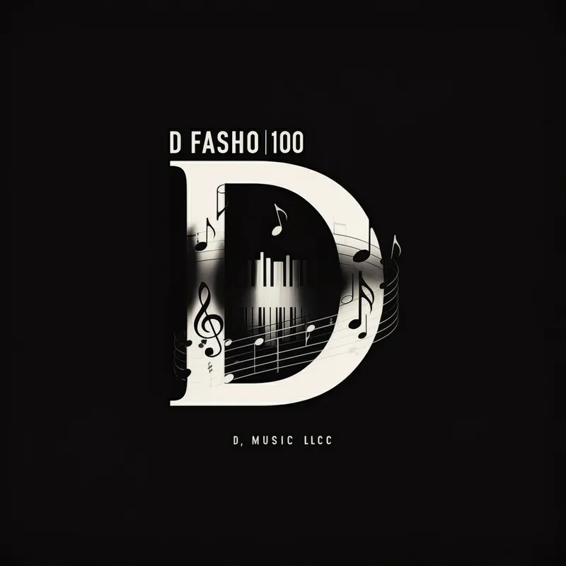 Modern D Fashoo100 Music Logo - A black and white logo for a music LLC named "D Fashoo100". The letter "D" is prominent and serves as the background. The design is modern and sleek, incorporating subtle musical elements like notes or instruments. - AI image generated with Imagen 3