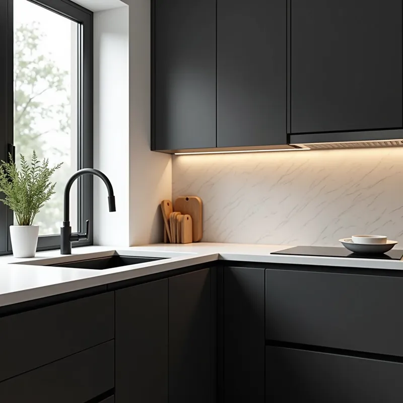 Modern Dark Kitchen Countertop - on a corner of a kitchen, we see the empty countertop, without any sink, without any faucet. The countertop is smooth and flat in a beautiful modern dark kitchen. There is a window on the side and a beautiful soft light. the decoration is light and bright.
- AI image generated with Photorealistic 2