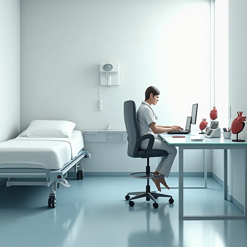 Modern Doctor's Hospital Cabin Interior - The doctor is positioned naturally near the desk, matching the room layout.A clean, modern doctor’s hospital cabin interior with a professional, aesthetic layout. On the right side of the room, there is a large rectangular glass-top doctor’s desk, modern and minimal, commonly used in hospital cabins. On the glass table are neatly arranged medical and office items: anatomical organ models (such as a heart and lungs), a pulse checker (pulse oximeter), a digital blood pressure monitor, a clinical thermometer, a smartphone placed flat, and a pen stand with neatly arranged pens.
Behind the table is a black or grey rolling office chair with wheels, positioned naturally as if used daily by a doctor. On the left side of the room, there is a clean, simple hospital bed with white bedding, neatly made and aligned parallel to the wall.
The cabin is well-organized, uncluttered, and professional, with soft neutral tones (white, light grey, muted blue). Lighting is soft and natural, creating a calm and hygienic medical atmosphere. The scene feels realistic, modern, and welcoming, with accurate proportions and clean hospital aesthetics. Ultra-detailed, photorealistic, high resolution. - AI image generated with Photorealistic 2