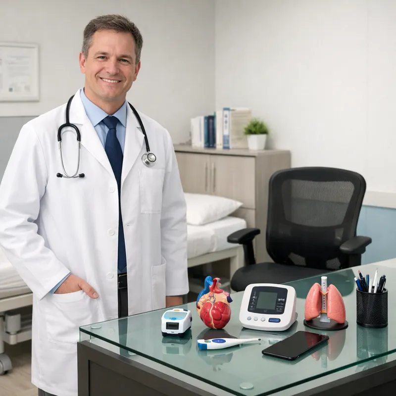 Modern Doctor's Hospital Cabin Interior - The doctor is positioned naturally near the desk, matching the room layout.A clean, modern doctor’s hospital cabin interior with a professional, aesthetic layout. On the right side of the room, there is a large rectangular glass-top doctor’s desk, modern and minimal, commonly used in hospital cabins. On the glass table are neatly arranged medical and office items: anatomical organ models (such as a heart and lungs), a pulse checker (pulse oximeter), a digital blood pressure monitor, a clinical thermometer, a smartphone placed flat, and a pen stand with neatly arranged pens.
Behind the table is a black or grey rolling office chair with wheels, positioned naturally as if used daily by a doctor. On the left side of the room, there is a clean, simple hospital bed with white bedding, neatly made and aligned parallel to the wall.
The cabin is well-organized, uncluttered, and professional, with soft neutral tones (white, light grey, muted blue). Lighting is soft and natural, creating a calm and hygienic medical atmosphere. The scene feels realistic, modern, and welcoming, with accurate proportions and clean hospital aesthetics. Ultra-detailed, photorealistic, high resolution. - AI image generated with GPT Image