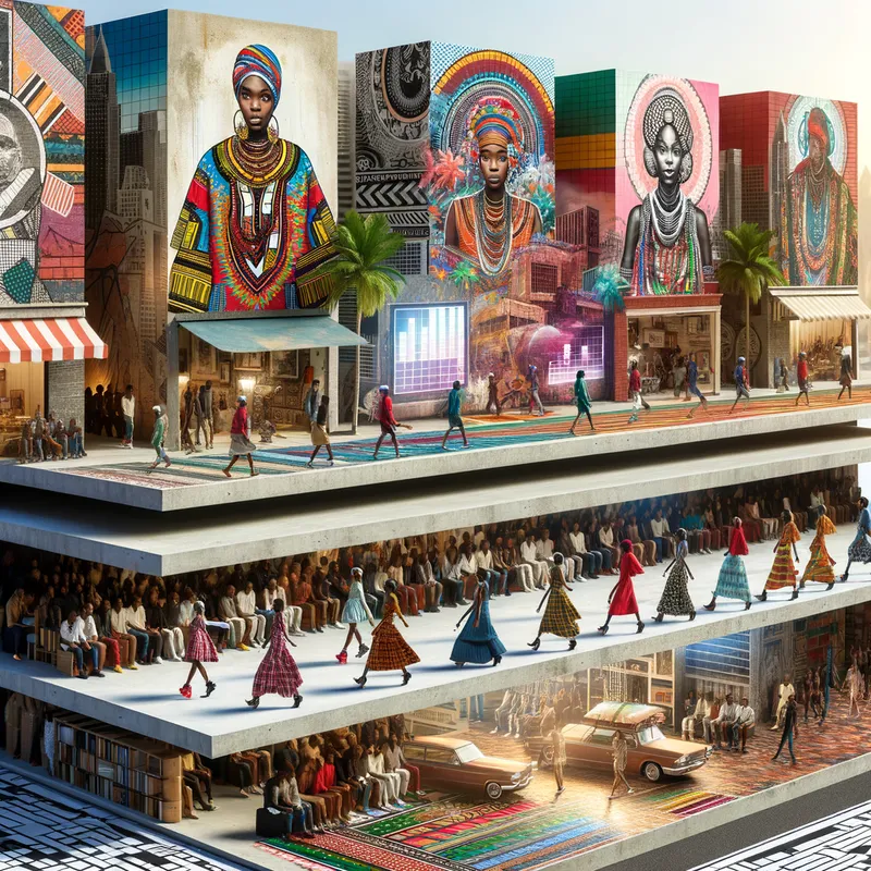 Modern Echoes - A contemporary representation featuring three layers: urban African street art, a fashion runway showcasing African-inspired designs, and a digital display of African music's influence, all connecting to highlight the evolution of Africanisim. - AI image generated with Art