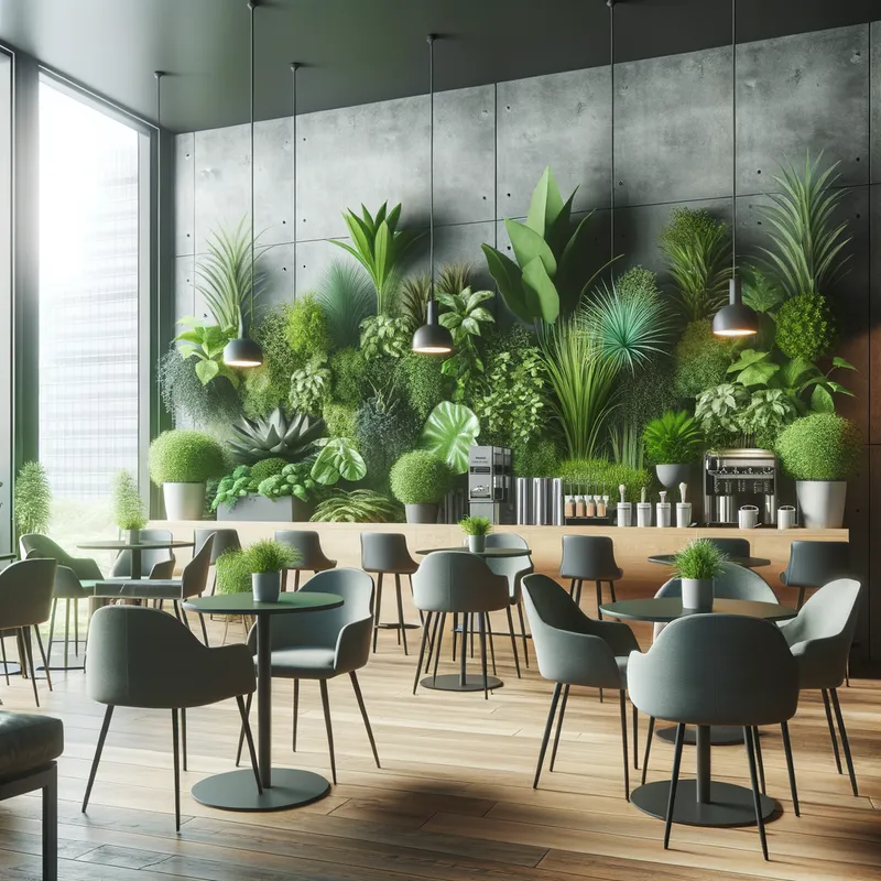 Modern Eco Coffee Spot - A contemporary coffee shop featuring sleek furniture, eco-friendly materials, and an extensive collection of green plants placed strategically around the space for a vibrant yet relaxing atmosphere. - AI image generated with Art