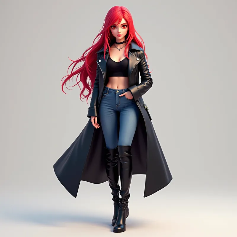 Modern Equestrian Vision - A beautiful 3D digital artwork of a girl with vibrant red eyes and hair, dressed in a long, black, shiny leather coat, low-waisted blue jeans, and over-the-knee glossy black riding boots. The overall feel is modern and dynamic. - AI image generated with Photorealistic 2