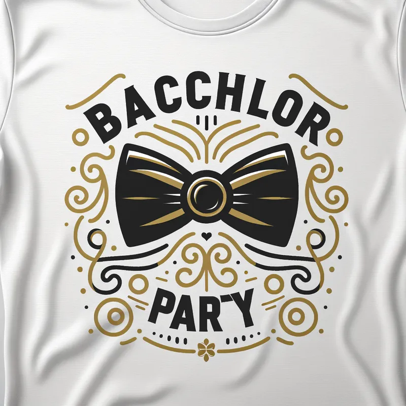 Modern Iconic Tie - Stylish bachelor party t-shirt design with a prominent bow tie icon in black and gold, complemented by delicate swirl accents. Clean vector design for a contemporary upscale appearance, free from clutter. - AI image generated with Art
