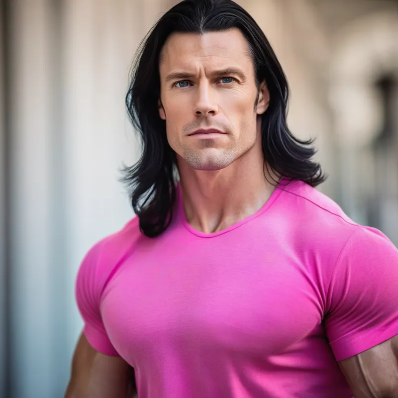 Modern Masculine Portrait - A detailed portrait of a handsome white man with long black hair and a muscular build, wearing a bright pink shirt, sharp jawline, confident expression, soft blurred background, professional fashion photography style. - AI image generated with Photorealistic
