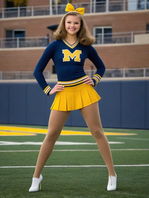 Modern Retro Cheerleader - A teenage girl in the classic maize and blue cheerleading uniform of the University of Michigan. Her full body pose, sheer tan pantyhose, and high heeled stilettos evoke a timeless charm, while her eyes reveal a modern and confident spirit. - AI image generated with Photorealistic