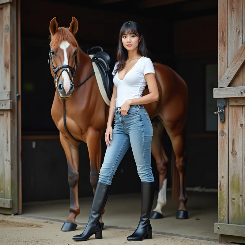 Modern Rider - A stylish Japanese woman standing next to a horse in a stable, dressed in blue denim jeans, classic black leather equestrian boots, and a plunging white t-shirt. The image is ultra-realistic, highlighting textures of fabric and leather. - AI image generated with Photorealistic 2