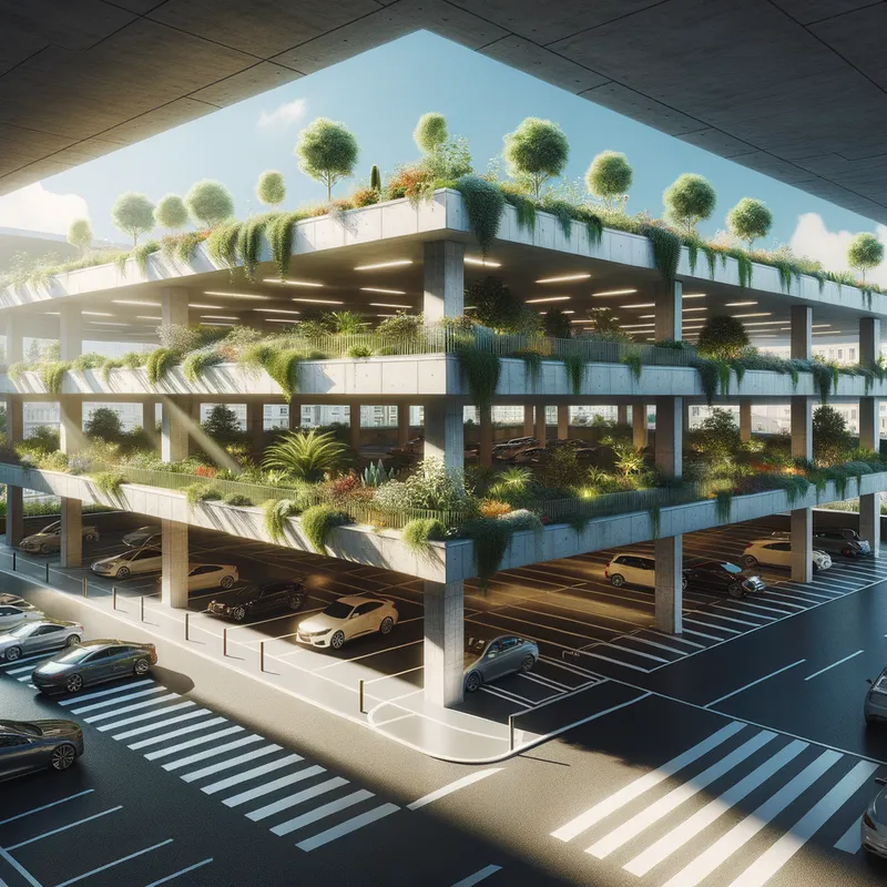 Modern Rooftop Garden Garage - garage, parking spaces, rooftop garden, modern - AI image generated with Art