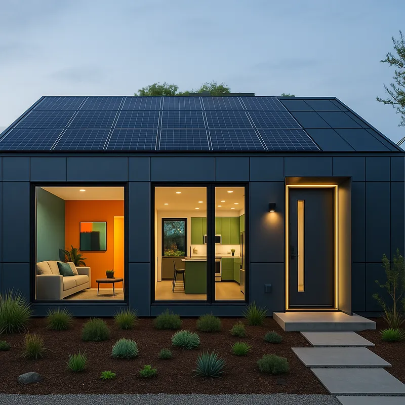 Modern Single-Story Home with Solar Roof - A single-story home with a flat roof.  The exterior is dominated by a vibrant, metallic-gray facade with large, rectangular windows.  A series of solar panels are integrated seamlessly into the roof, creating a grid-like pattern.  The front door features a sleek, metallic frame and glowing accent lighting.  The house sits on a small lot with a low-maintenance, modern landscaping. Inside, the living room features high ceilings, a minimalist furniture layout, and vibrant accent walls.  A modern kitchen with stainless steel appliances and integrated smart technology is visible.  One can see glimpses of a rooftop garden area. - AI image generated with GPT Image
