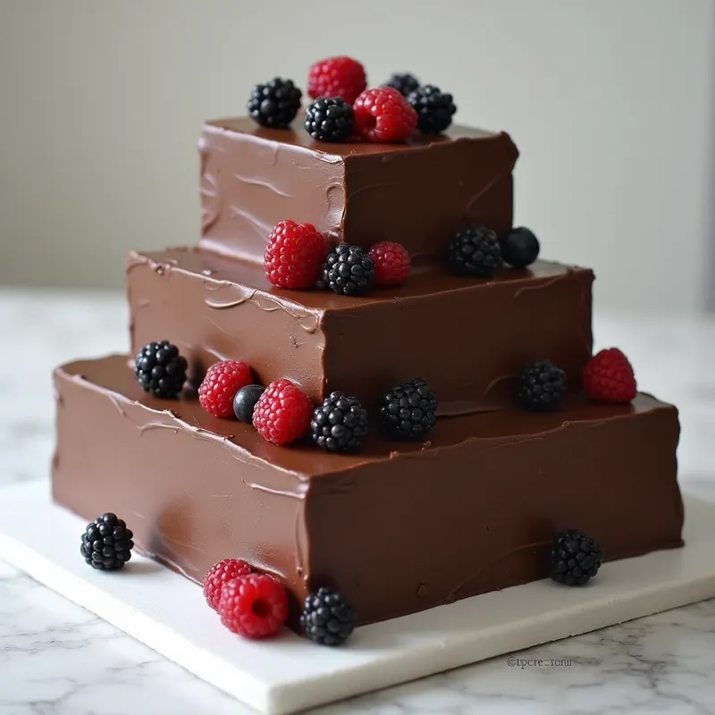 Modern Square Chocolate Celebration Cake - A modern three-tiered square cake, finished with a thick layer of glossy chocolate whipped cream, smooth surfaces reflecting light, crowned with minimalist dark chocolate decorations and a few fresh berries. - AI image generated with Photorealistic 2