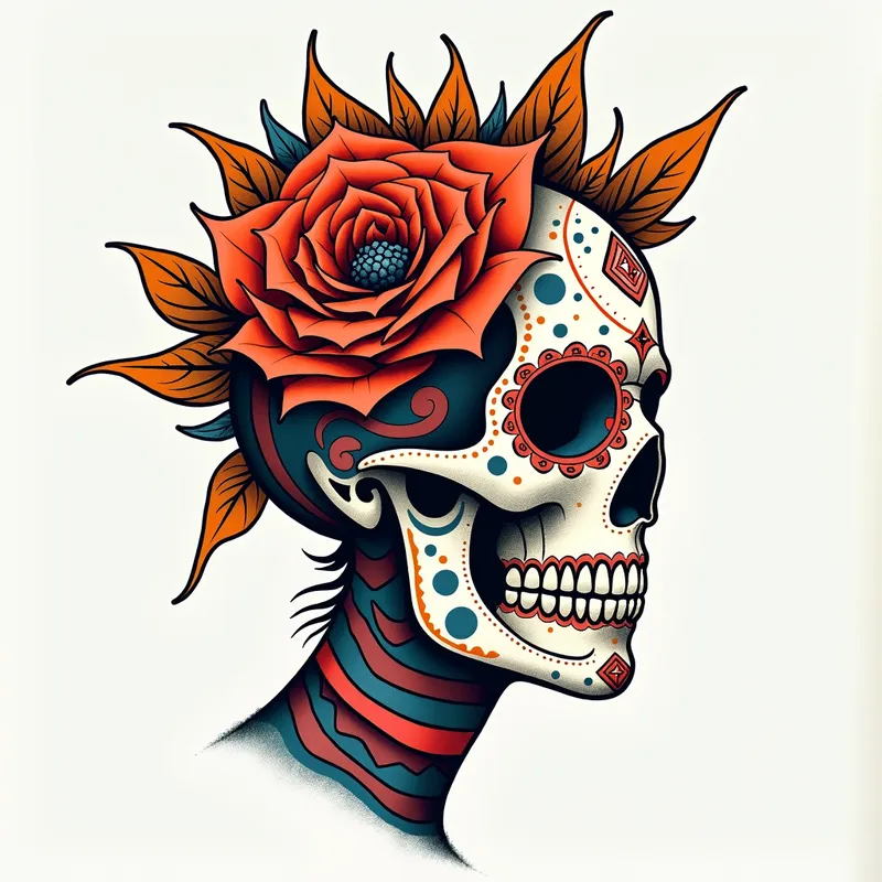 Modern Sugar Skull - A contemporary take on the sugar skull tattoo, blending abstract geometric shapes with traditional sugar skull elements. The design features sharp lines, bold colors, and unique patterns, giving it a modern, edgy twist. - AI image generated with Photorealistic 2 - tattoo drawing, profile view