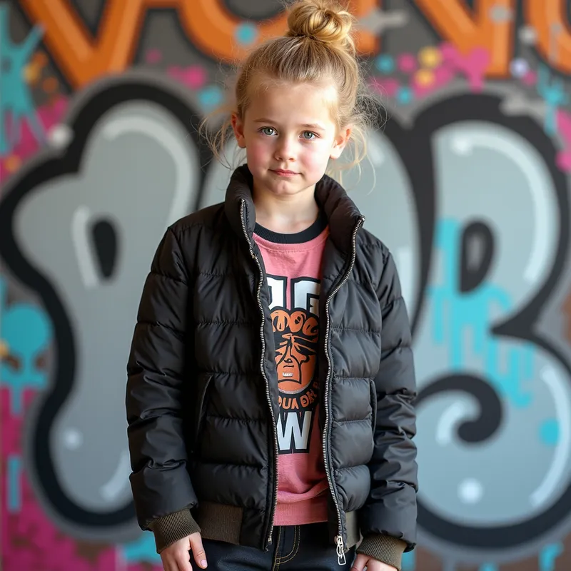 Modern Teen Style - A fashionable 16-year-old boy with blonde hair in a bun, posing confidently in a trendy outfit in front of a graffiti-covered wall. - AI image generated with Photorealistic 2