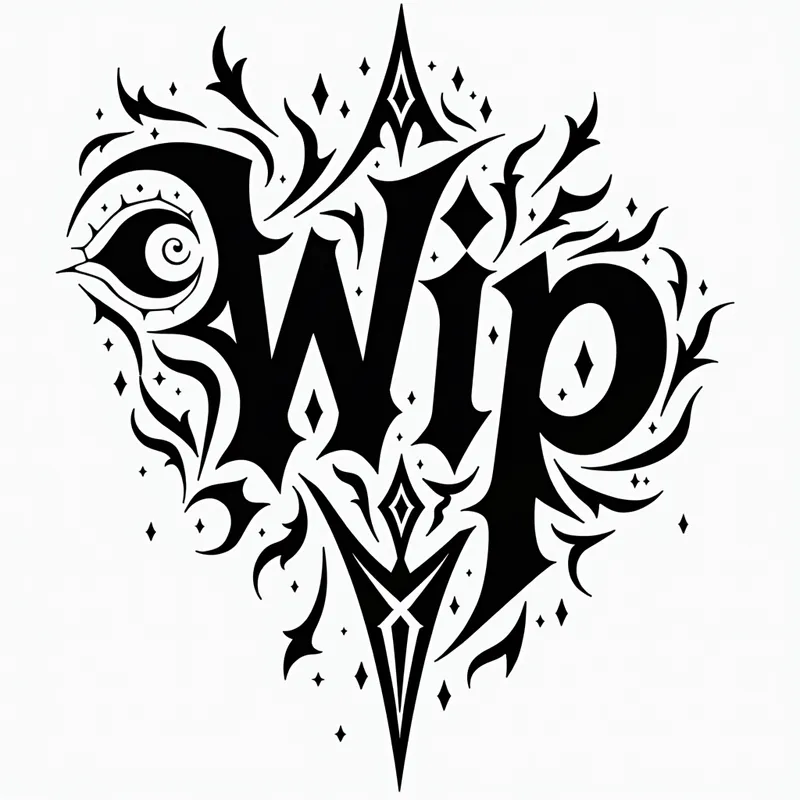 Modern WiP Design - An elegant black and white artwork showcasing 'WiP' in a bold, geometric font. The design features sharp, angular lines, modern patterns, and tattoo-inspired lettering. - AI image generated with Photorealistic 2