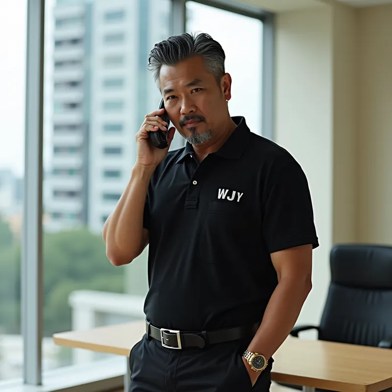 Modern Workspace - An office with off-white walls and Ebony furniture dominates the scene, with a huge glass window providing a view of a multistory building in the background. At the forefront, a 48-year-old Asian American man stands with a phone to his ear. His graying black hair is slicked back with a curl on his forehead. Light beige skin, dark almond-shaped eyes, and angular facial features characterize him. He has a thin-lipped straight expression and a goatee. Dressed in a black polo shirt that reads 'WIT' in white over a small pocket and short sleeve, tucked into black trousers. He is holding a futuristic thin phone labeled 'GPC 2400' and wears a gold watch on his wrist with well-manicured fingernails visible. - AI image generated with Photorealistic 2