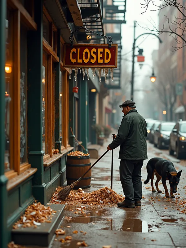 Molasses Street - The aftermath of a molasses flood: a grocer sweeps shards of glass from his ruined storefront with a “Closed” sign dangling from its hinges. The environment features frozen molasses icicles hanging from fire escapes and a stray dog licking residue from a cracked barrel. Textures include waterlogged wood, corroded metal, and the matte-dull finish of dried molasses. - AI image generated with Photorealistic 2