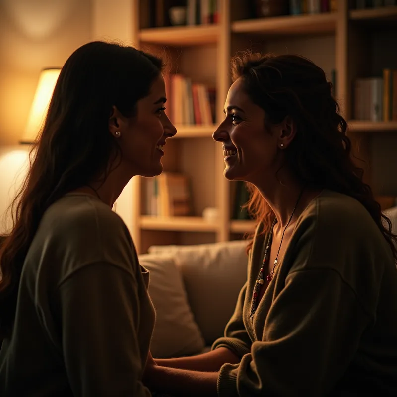 Moment of Acknowledgment - An inspiring scene capturing a heartfelt moment of acknowledgment. Two individuals exchange a meaningful glance in a warm, softly lit room. The background features a cozy setting with bookshelves and a comfortable couch, adding to the intimate atmosphere. Their expressions reflect mutual respect and understanding, highlighting the power of recognizing each other's efforts and accomplishments. - AI image generated with Photorealistic 2