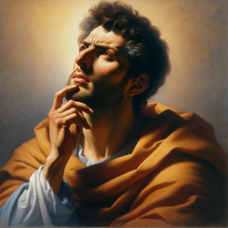 Moment of Clarity - A man ponderously caresses his chin, on the verge of a breakthrough idea. - AI image generated with Art - Raphael, master shot