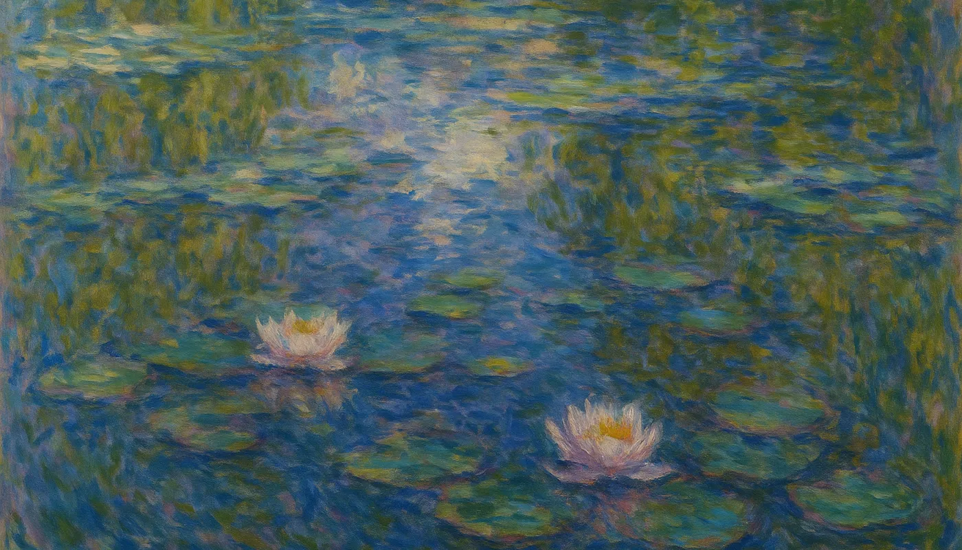 Monet's Lily Pond Reflections - An artistic rendering of a lily pond inspired by Claude Monet, highlighting the elegant beauty of the lilies amidst reflections of the sky and surrounding foliage on the calm water surface. Claude Monet - AI image generated with GPT Image