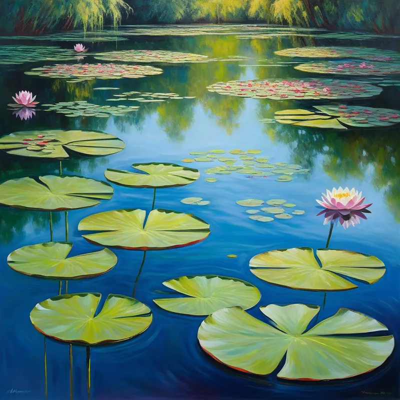 Monet's Water Lilies Dream - A dreamlike depiction of water lilies floating peacefully on a pond, with reflections of the sky and trees capturing the fluidity and essence of Monet's famous series. - AI image generated with Photorealistic